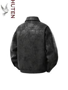 Men's Black Textured PU Leather Slim Fit Bomber Motorcycle Jacket, With Zipper Pockets, Casual Lightweight Outerwear - Black - View 6