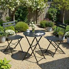 3pcs Folding Bistro Furniture Set For Outdoor Use, Including Table And Chairs For Garden And Balcony - Black - View 3