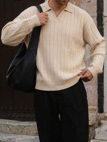SU ER Men's Airplane Collar Ribbed Knit Sweater, Long Sleeve Turn-Down Collar Knit Top, Autumn/Winter - Apricot - View 6