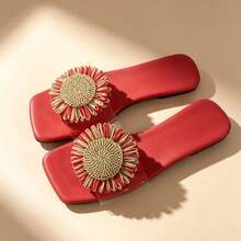 2026 Summer New Women's Red Insole Transparent Strap Sunflower Decor Flat Slip-On Sandals, Casual Versatile Square Toe Open Toe Slides, Suitable For Beach Vacation, Indoor/Outdoor Wear, Daily Matching - Red - View 4