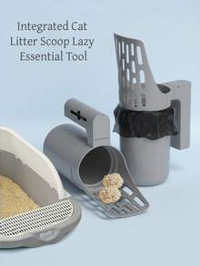 1pc All-In-One Cat Litter Scoop With Built-In Trash Bag Set, Detachable Pet Cleaning Tool, Large Capacity Cat Litter Shovel For Cats And Dogs, Poop Scooper Tool - Light Grey - View 2