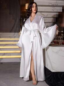 Plus Size White Satin Feather Long Robe, Morning Robe, Bridal Outerwear, Loungewear - White - View 4