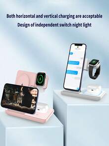 Foldable 3-In-1 Wireless Charging Station, 15W Fast Magnetic Charging Base, Adjustable Dual-Angle Stand, Supports Simultaneous Charging For Qi Phones, Smartwatches And Bluetooth Earphones, Compact Foldable Travel Design, ABS Material With Soft Ambient Indicator Light, Built-In Induction Coil, Stable Charging - Pink - View 5