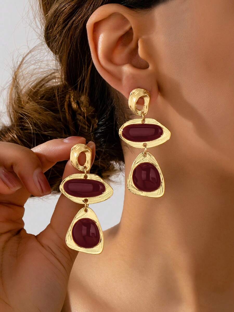 1 đôi bông tai dáng dài thả tráng men phong cách Pháp cổ điển hình học bất đối xứng, phụ kiện cho nữ đeo hàng ngày, hẹn hò, tiệc tùng và đám cưới - Màu Đỏ Sâu - Xem 1