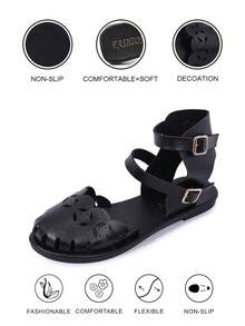 Vintage Hollow Toe Women's Flat Sandals, Solid Color Faux Leather Upper, Double Buckle Heel Strap, Casual Vacation, Lightweight And Breathable - Black Buckle - View 8