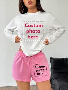 Women's 2-Piece Sports Set: Customizable Thanksgiving Gift, This Women's Sports Set Includes T-Shirt And Shorts. You Can Add Your Own Text/Image (Sentence, Badge Design, Company Logo, Family Photo, Selfie). Choose Your Favorite Font And Color To Design Your Own Personalized Print, Perfect As A Gift For Girlfriend, Couple Outfit Or Sports Set - Multicolor - View 4
