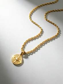 1pc Gold Stainless Steel 18K Gold Plated Twisted Chain With Compass Rhinestone Pendant Necklace, Men's Fashion Style, Suitable For Daily Casual Wear, Decoration, Hip Hop, Street Dance, Party - Gold - View 6