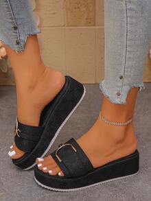 Women's Thick Sole Wedge Slip-On Sandals, Summer Outdoor Fashion Beach Flip Flops - Black - View 4