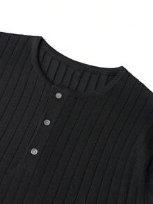 Men's Mercerized Ribbed Henley Collar Slim Fit Short Sleeve Knit Top - Black - View 3