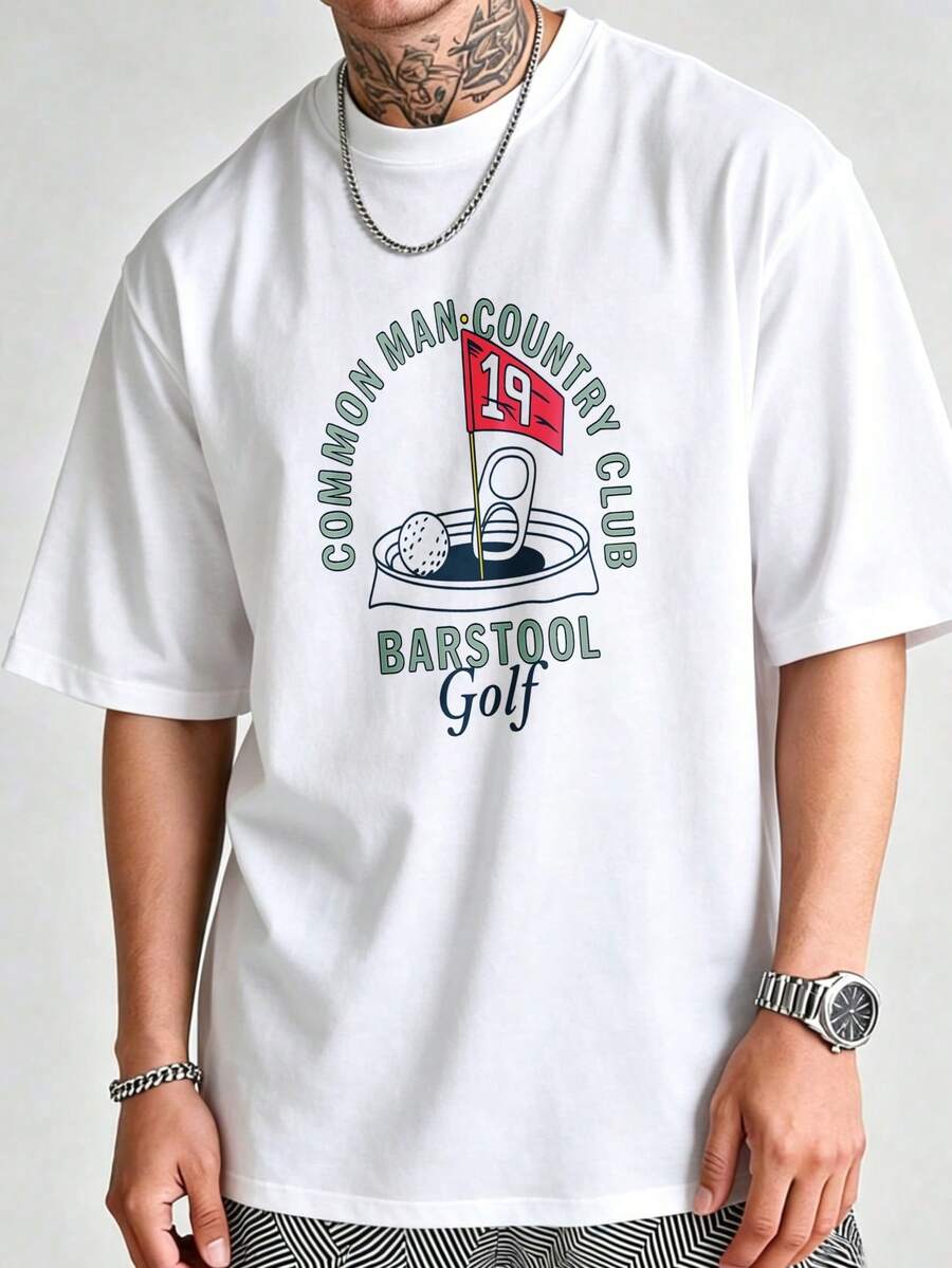 Casual Urban Style Men's T-Shirt, Graphic Print With Country Club Common Man Bar Stool, Summer Casual Wear, 100% Cotton, Fun T-Shirt For Men