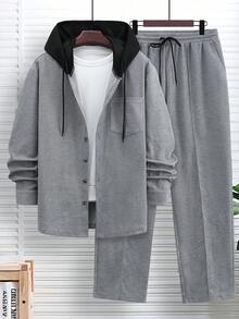 Conjunto de chaqueta con capucha y pantalones para hombres talla grande, con capucha con cordón, empalme de contraste, pantalones casuales con cordón, ropa casual versátil - Gris - Ver 2