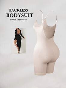 1pc Seamless High-Waisted Mid-Thigh Shapewear Romper With Butt Lifter And Backless Design - Apricot - View 6