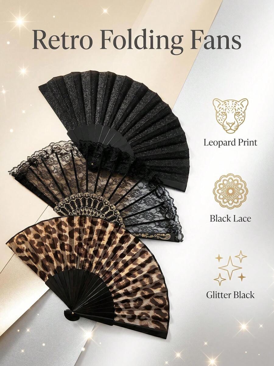 3/1pc Vintage Black Lace Leopard Print Glitter Folding Fan, Handheld Fan For Women, Gothic Y2K Style, Suitable For Halloween, Christmas, Music Festival, Party, Dancing, Photography Props, Accessories For Hanfu, Costume