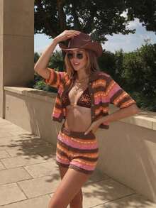 Spring/Summer Y2K Multi-Color Striped Crochet 2-Piece Set, Cropped Top & High-Waisted Wrap Shorts, Casual Street Style For Daily Wear And Vacation - Multicolor - View 5