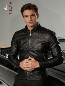Men's PU Leather Motorcycle Jacket, Slim Fit Motorcycle Style Stand Collar Jacket, Fashion Quilted Detail Casual Jacket, Lightweight Spring/Autumn Windbreaker - Black - View 5