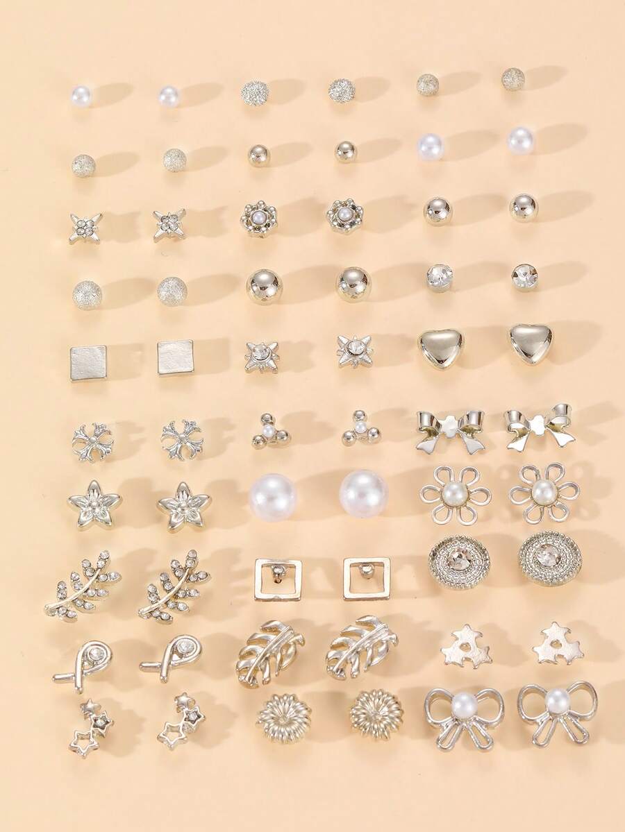 NAIZHU 30 Pairs/Set Silver Tone Sweet Bow Flower Heart Pearl Rhinestone Earrings Set, Women's Daily Date Accessories, Valentine's Day Mother's Day Gift - Silver - View 1