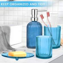 4pcs Blue Striped Bathroom Set, Silver Large Lid, Hand Soap Dispenser, 2 Rinsing Cups, Soap Dish - Blue Striped Four-piece Toiletries Set - View 5