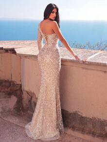 Faeriesty Beaded One-Shoulder Formal Dress With Back Tie Detail, Suitable For Red Carpet And Luxury Brand Events Wedding Party Vacation Fall - Champagne - View 2