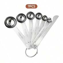5/6/7pcs Stainless Steel Measuring Spoon Set, Heavy Duty Dry & Wet Ingredient Measuring Spoons And Leveling Tool, With Metric And Imperial Markings, Kitchen Gadget For Liquids, Solids And Powders, With Portable Hanging Hook - - - View 9