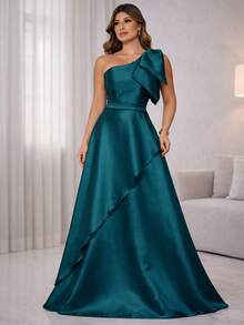 One-Shoulder Long Dress With Structured Bow – Unparalleled Elegance For Parties And Timeless Celebrations* - Dark Green - View 6