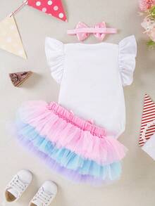 3pcs/Set Baby Girl 1st Birthday Outfit, Cartoon Letter Print Romper With Flare Sleeves, Colorful Skirt, Hair Accessory, Suitable For All Seasons - Multicolor - View 3