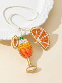 Handmade Seed Bead Ocean Vacation Style Matching Pendant Set, Bottle, Lemon Cup, Champagne Glass, Coconut Tree Shaped Fun Personalized Women's Bag Charm, Versatile Bag Accessory - Coral Orange - View 5