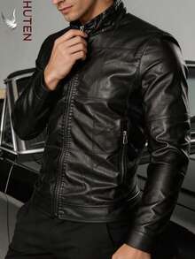 Men's PU Leather Motorcycle Jacket, Slim Fit Motorcycle Style Stand Collar Jacket, Fashion Quilted Detail Casual Jacket, Lightweight Spring/Autumn Windbreaker - Black - View 1