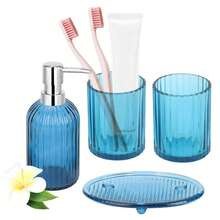 4pcs Blue Striped Bathroom Set, Silver Large Lid, Hand Soap Dispenser, 2 Rinsing Cups, Soap Dish - Blue Striped Four-piece Toiletries Set - View 1