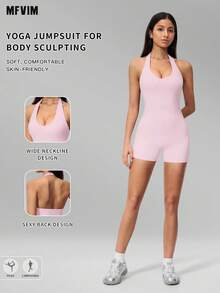 MFVIM Women V-Neck Halter Backless Yoga Bodysuit, Slim Fit Hip Lifting Short Jumpsuit For Running, Cycling, Pilates & Gym Workout - Baby Pink - View 2