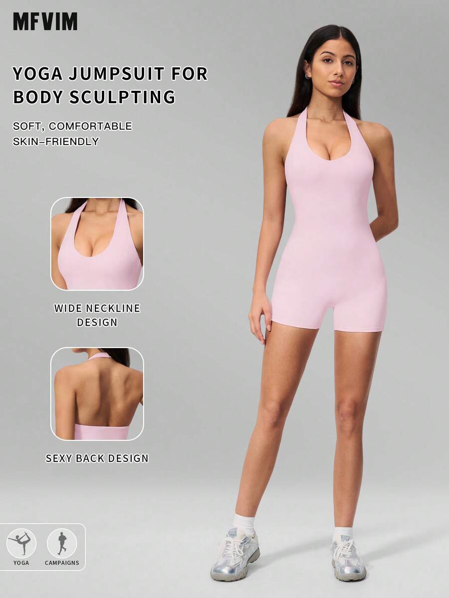 MFVIM Women V-Neck Halter Backless Yoga Bodysuit, Slim Fit Hip Lifting Short Jumpsuit For Running, Cycling, Pilates & Gym Workout