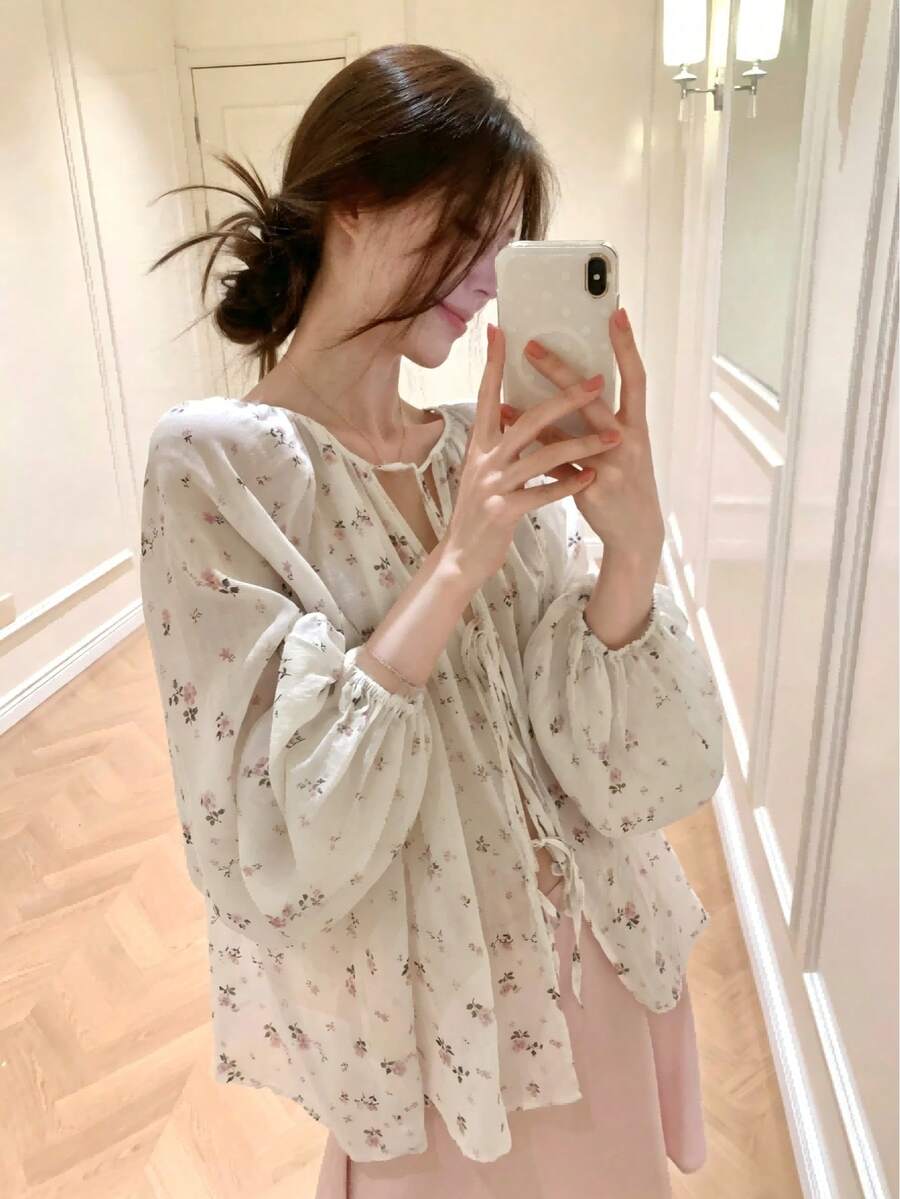 New Women's Spring/Summer Minimalist Elegant Printed Lightweight Cool-Touch Sun-Protective Breathable Blouse - Apricot - View 1