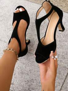 2026 Hot Women's T-Strap High Heel Sandals, Open-Toe Solid Color, Non-Slip Sole For Wedding Party & Daily Matching - 黑色 - 查看 1