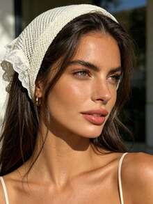 1 pieza Pañuelo triangular de mujer beige con encaje calado de punto, envoltura de cabeza de malla transpirable sin nudo, accesorio para el cabello de estilo pastoral francés exquisito y dulce, adecuado para peinado suave de media coleta diario y atuendo casual - Albaricoque - Ver 6