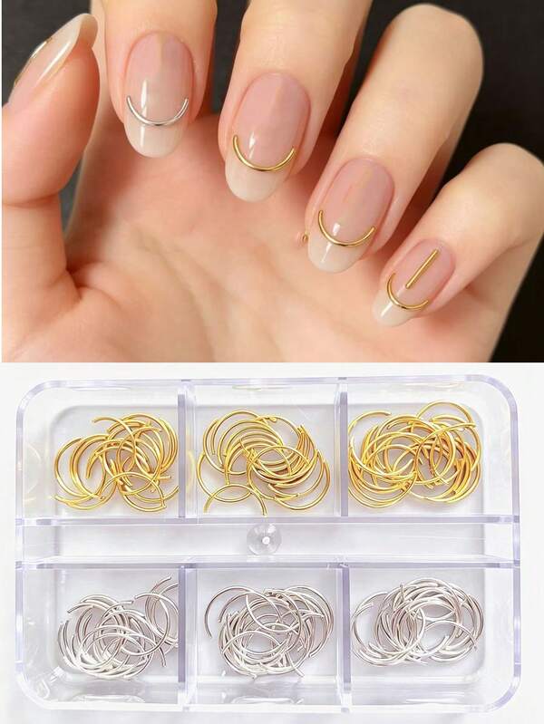 6-Grid Gold And Silver Mixed Color Curved Metal Nail Rivets, Minimalist C-Shaped Crescent Semi-Circular Metal Line Nail Accessories, Ultra-Fine Curved Geometric Metal Nails Patch Accessories, DIY Modern Ins Style Nail Art Decoration Accessories