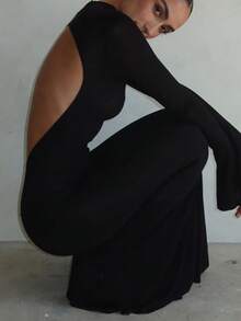 Kliou Simple Classic Solid Backless Maxi Dress Women Elegant O-Neck Evening Long Sleeve Dresses Robe Slim Autumn High Street Bodycon - Black - View 2