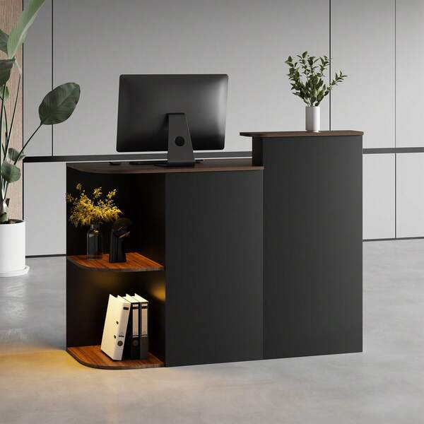 Advwin Modern Reception Desk With Lockable Drawer & Storage Shelves, Front Desk Counter Table For Office, Lobby, Spa, Nail Salon