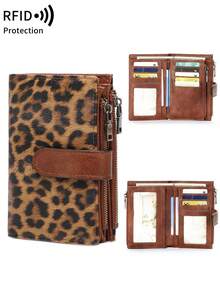 MIYIN Fashionable Retro Women's Leopard Print Short Wallet, Multifunctional Large Capacity Trifold Credit Card Holder, RFID Blocking Wallet, Can Hold Credit Cards/ID/Coins/Cash/Receipts/Photos, Women's Dual Zipper Clutch Purse, Gift, Birthday Gift, Anniversary Gift - 棕色 - 查看 1