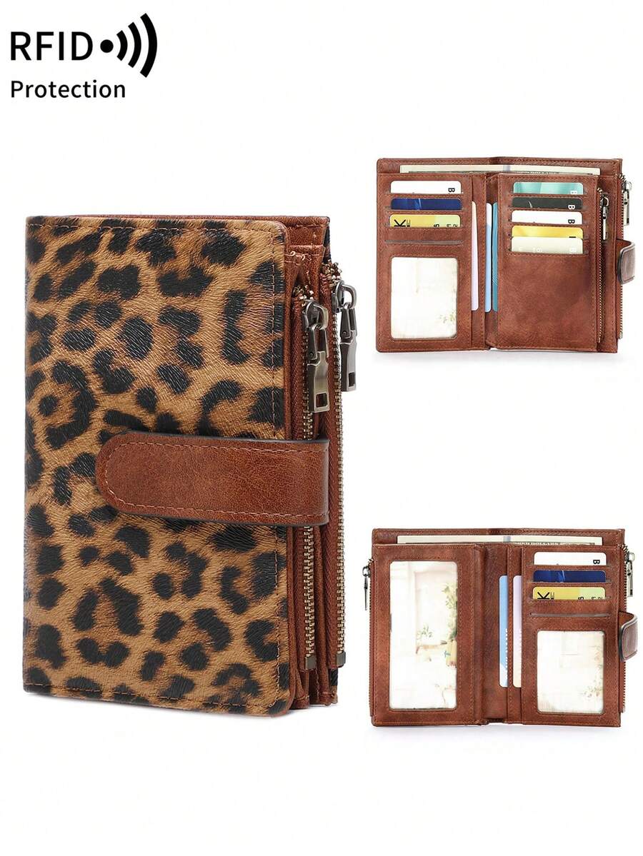 MIYIN Fashionable Retro Women's Leopard Print Short Wallet, Multifunctional Large Capacity Trifold Credit Card Holder, RFID Blocking Wallet, Can Hold Credit Cards/ID/Coins/Cash/Receipts/Photos, Women's Dual Zipper Clutch Purse, Gift, Birthday Gift, Anniversary Gift - 棕色 - 查看 1