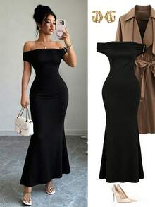abyoxi Women's Black Cold Shoulder Ruched Waist Slim Fit Short Sleeve Fishtail Long Dress, Elegant, Sexy, Party, Wedding Guest, Date, Formal Dinner, Summer Autumn Bodycon Maxi Dresses - Black - View 3