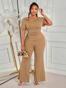 BIUBIU Stylish Plus Size 2 Pieces Outfits For Women Round Neck Short Sleeve Top With Ruched Waist And Wide Leg Pants, Medium Stretch For Comfort Elegant - Brownish Color - View 6