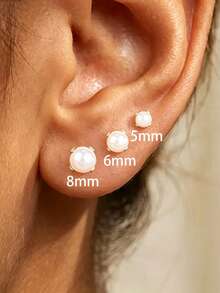 3PCS Elegant Stainless Steel Round Pearl Spiral Stud Earrings Sets For Woman Cartilage Piercing Jewelry - 3PCS-silver - View 2