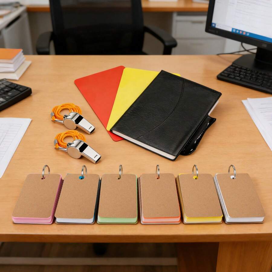 APODESS Loseblatt-Notizbuchset: 2 große Notizbücher (gelb/orange), 4 kleine Notizbücher (blau/weiß/rosa/grün), 2 silberne Trillerpfeifen, 2 Schiedsrichter-Notizbücher. Zur Organisation von Veranstaltungen – mehrteiliges Party-Geschenkset. - Übersicht 1