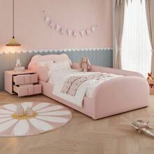 Upholstered Bed, Single Bed, Children's Bed, Cute Bear-Shaped Headboard, With A Bedside Table In The Same Color Scheme - 粉色 - 查看 5