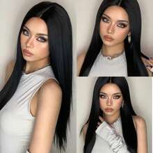 28 Inch Synthetic Long Straight Black Wig For Women Natural Straight Hair Middle Part Synthetic Long Black Wig - Black - View 5