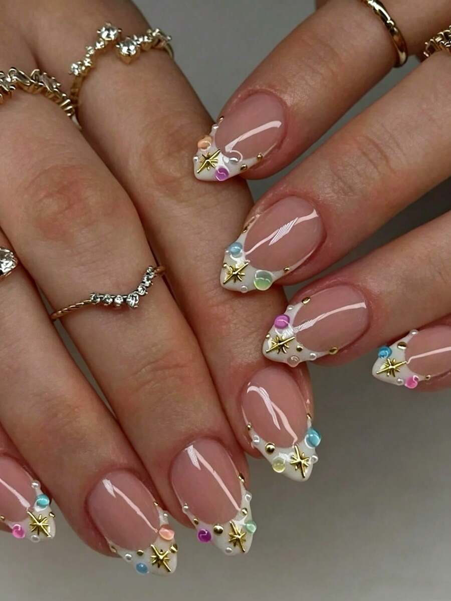 10pcs French Style Acrylic Press-On Nails, Colorful Rhinestone Star Design, Medium Almond Shape, Suitable For Romantic Dates, Parties And Daily Manicure - Multicolor - View 1