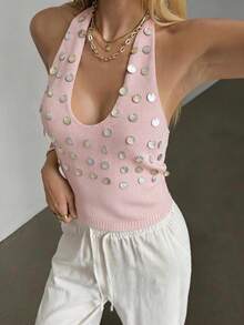 Just Masa Damen Sommer Lässig Sexy Rückenfrei Strick Tief V-Ausschnitt Neckholder Bindung Pailletten Ärmellos Y2K Crop Top Rosa - Pink - Übersicht 7