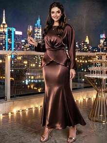 Auveirra 2026秋冬大码女装套装，优雅交叉前襟长袖上衣搭配直筒长裙两件套，适合乡村音乐会、婚礼宾客、约会之夜、正式场合、派对等，性感修身，通勤穿着也十分舒适。 - 棕色 - 查看 1