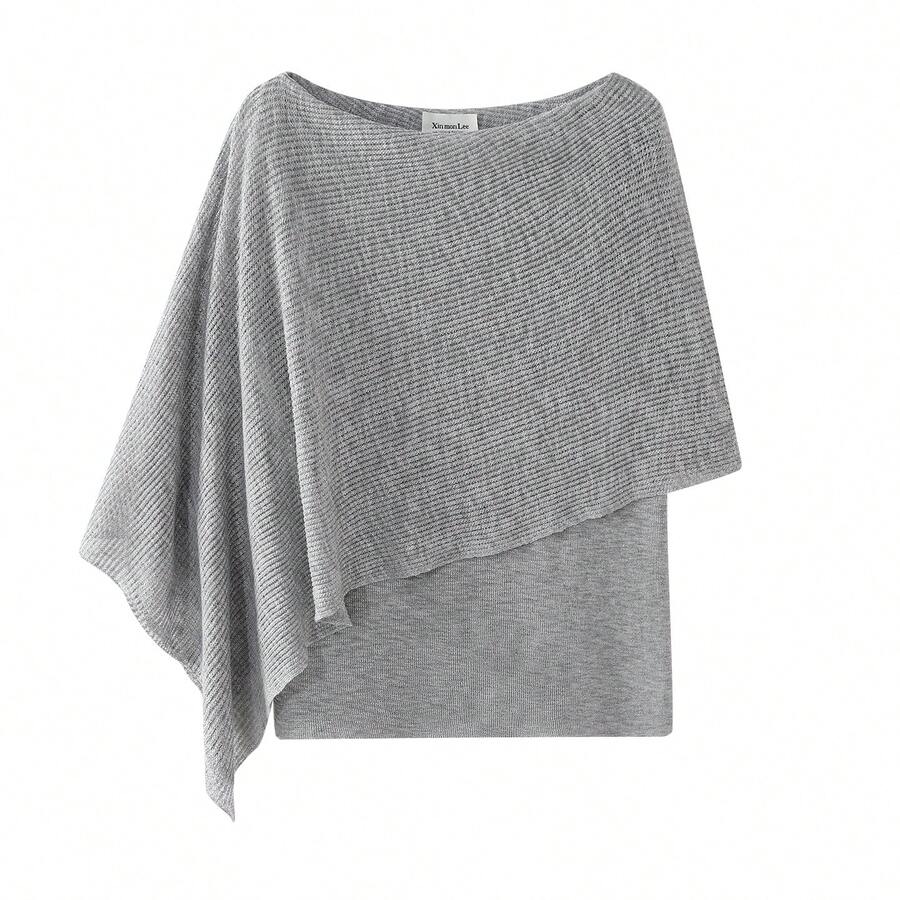 Summer Gentle Slouchy Asymmetrical Knit Top Solid Color Faux Two Pieces/Deconstructed T-Shirt For Evening Date, Daily Wear And Vacation - Grey - View 1