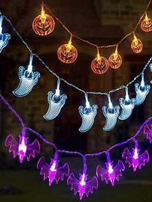 3pcs/Set 1.5M Halloween Dark Gothic Pumpkin Bat Ghost LED String Lights, Ghostly Sinister Creepy Haunted House Halloween Decor, Classic Halloween Decor, Wonderful Halloween Gifts, Indoor Outdoor Lawn Porch Window Halloween Holiday Party Decor - Ghost Bat Pumpkin - View 2