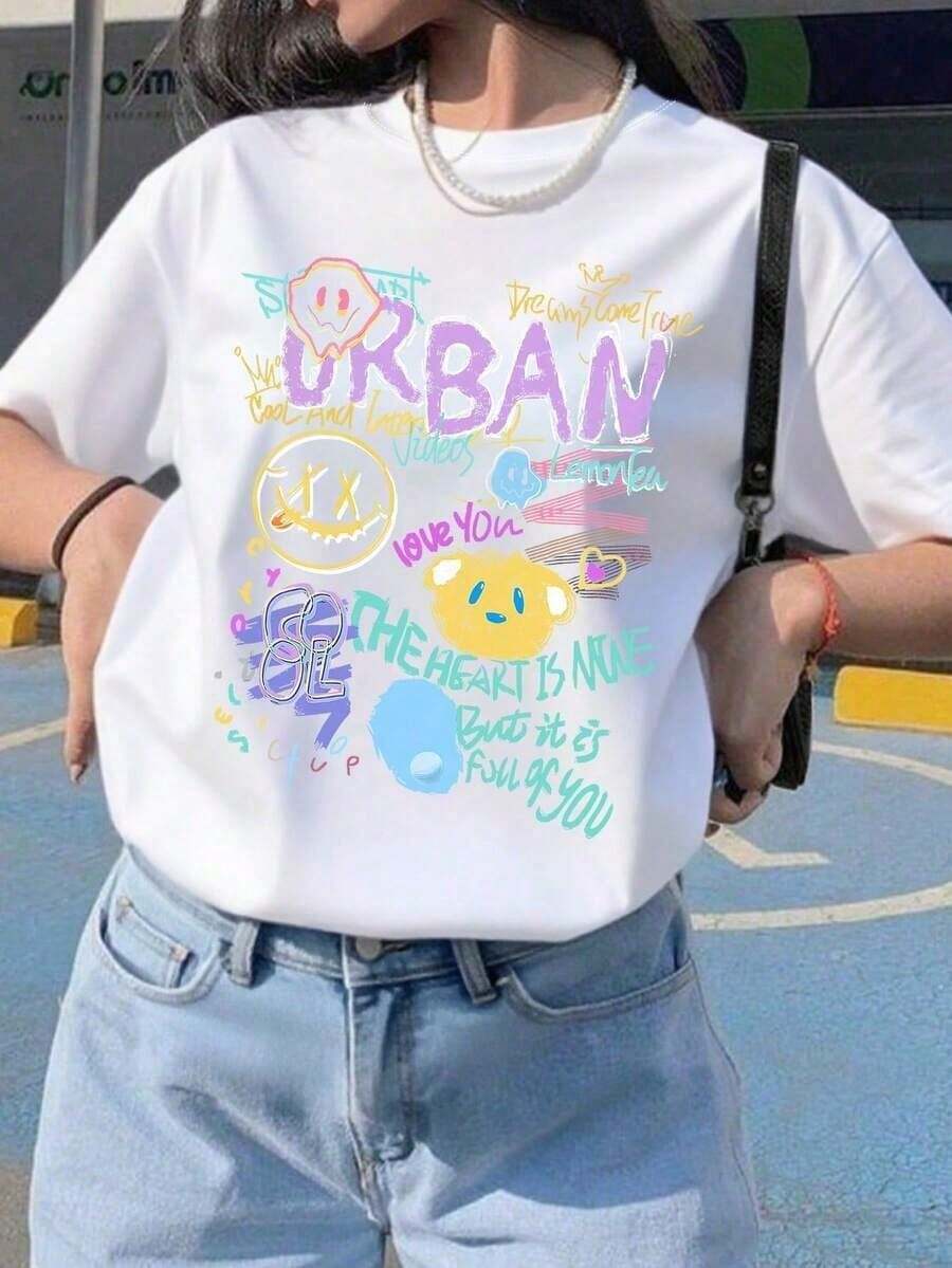 Graffiti-Druck-Shirt für Teenager-Mädchen, Oversized Sommer-Outfit für Frauen, Baumwoll-Rundhals-Street-Top - Weiss - Übersicht 1